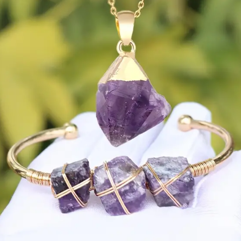 Nydelig Ekte Amethyst smykke og armbånd sett... gullbelagt..nytt