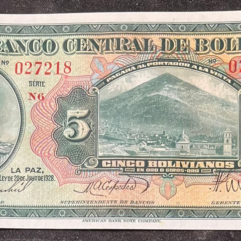 BOLIVIA. 5 BOLIVANO. 1928. SERIE. N6.   UNC