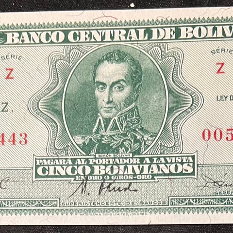 BOLIVIA 5 BOLIVANOS.  1928. P-128a.2.  UNC