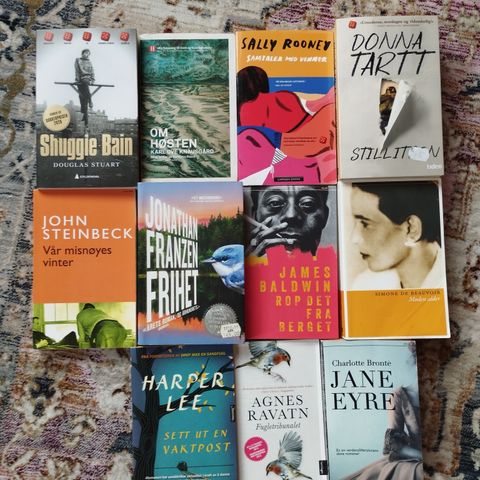 Bøker av bl.a. Donna Tartt, Harper Lee, Douglas Stuart, Sally Rooney,