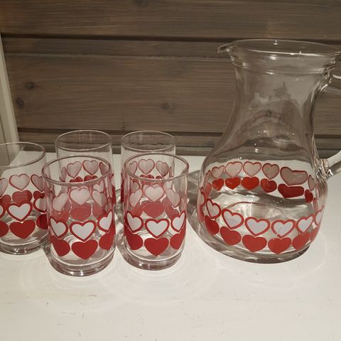 Retro saftmugge og 5 glass