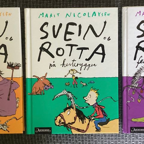 MARIT NICOLAYSEN- 3 flotte bøker «SVEIN OG ROTTA». H.21 cm B. 15,5 cm.