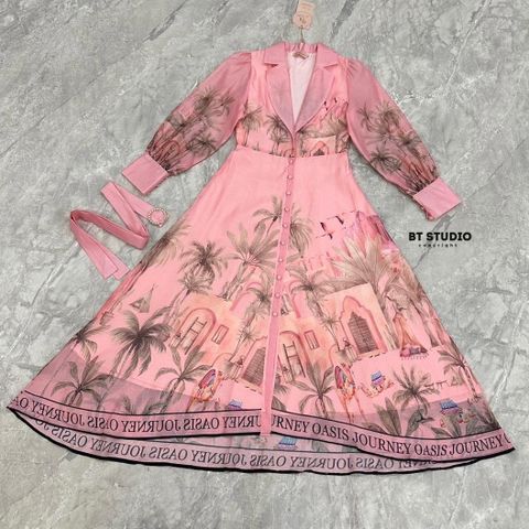 Pink Oasis Print Notched Collar Maxi-Dress