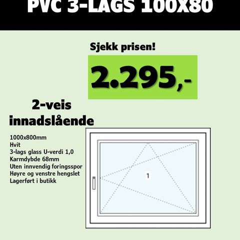 RØMNINGSVINDU PVC 3-LAGS 100x80! SJEKK PRISEN kr.2.295,-