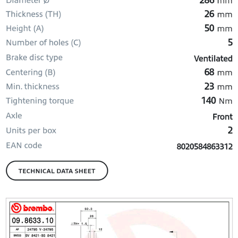 VOLVO S60 / S80 / V70 / XC70  BREMSESKIVER BREMBO NYE