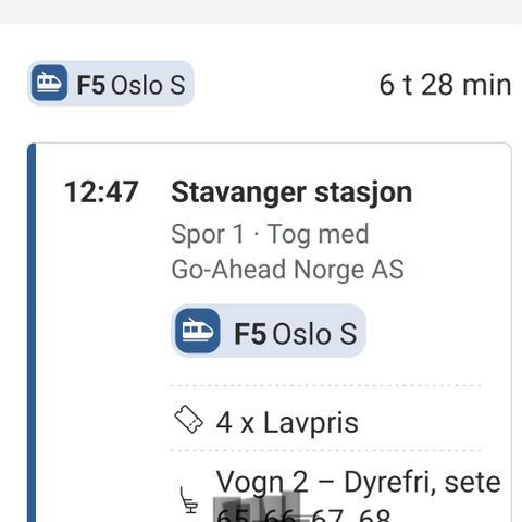 2 stk. togbilletter Stavanger-Kongsberg  05.06.24 kl.12.47