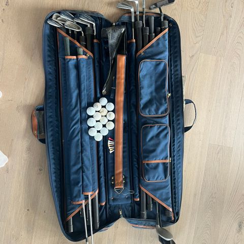 Gammelt golf sett + ubrukt golf bag + gammel travel bag