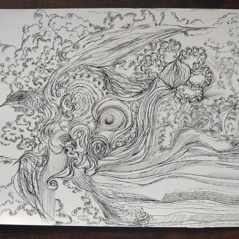 "Fugler i landskap". Tegning, filtpenn på papir 30x21 cm