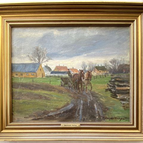 Reinholdt Nielsen (1891-1984). Vakkert oljemaleri av bondegårdsmiljø. Signert.