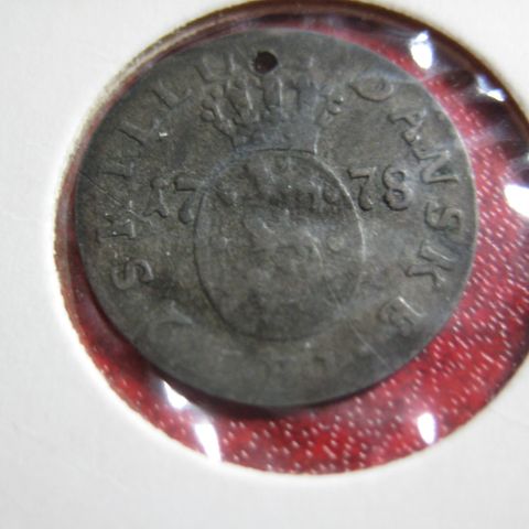 2 Skilling 1778 Danmark med borehull sølv
