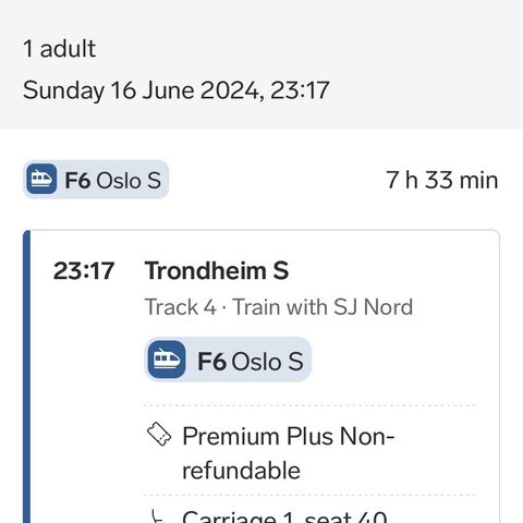 vy train ticket between Olso and Trondheim