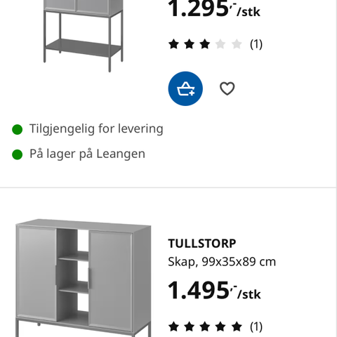 Ett Vitrineskap, og skjenk ifra  Tullstop serien fra Ikea. Pris for både 1500 kr
