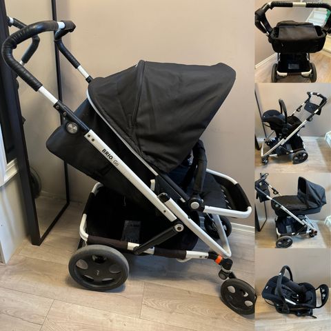 Komplett Brio Go vogn med bag, sittedel, bilstol, koppholder, regntrekk ++