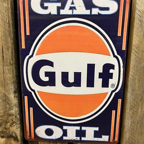 Gulf Gasoline/Oil Skilt I Tynnmetall 20X30 cm. Garasje, Bensin, Oil