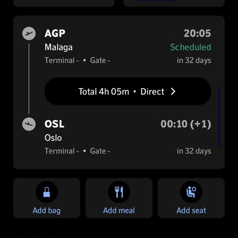 Flybilletter Malaga-Oslo 9 juli 3 voksene 1 barn