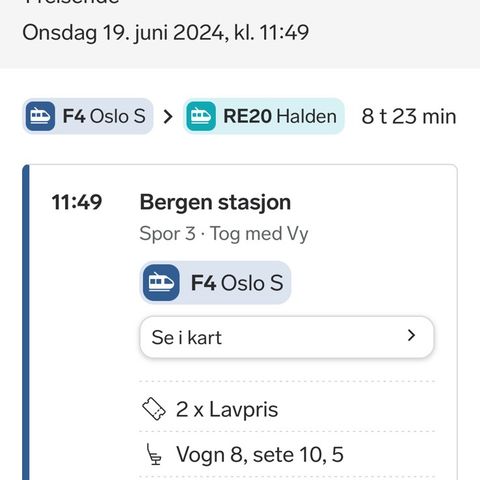 Togbillett Bergen - Oslo - Fredrikstad 19.juni