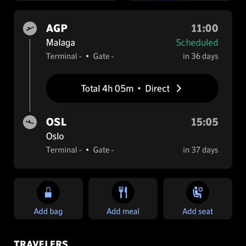 Flybilletter en vei Malaga -Oslo 14 juli (4 voksne + 1 barn)