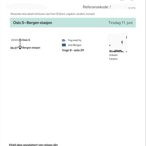 Togbillet Oslo to Bergen 11 Juni kl 23:03 (Nattreise)
