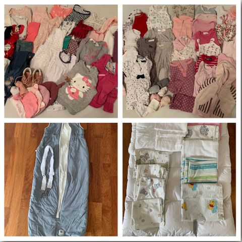 Babypakke mye utstyr, klær + sengetøy