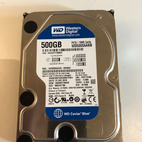 WD Caviar Blue PATA harddisk. WD Western Digital 500 GB. NTFS formatert. ATA IDE