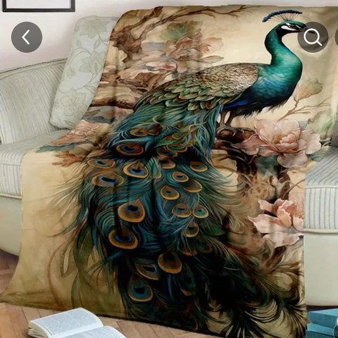 Vakkert silkemykt Pledd m påfugl motiv.150 x 200 cm .utrolig dekorativt og unikt