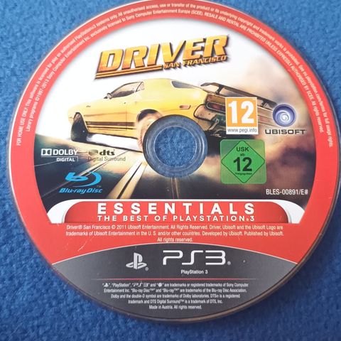 DRIVER SAN FRANCISCO  ESSENTIALS, PS 3 SPILL, uten cover.