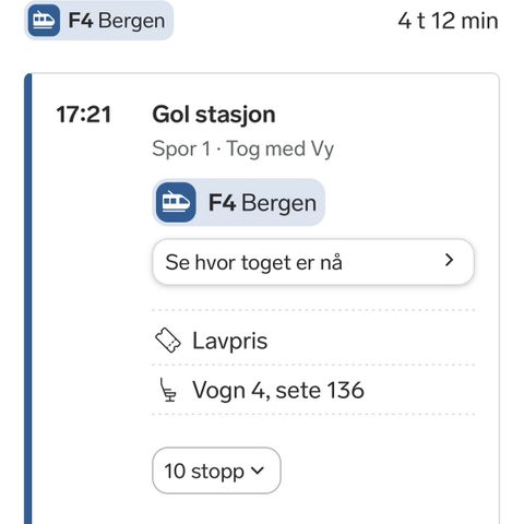 Togbillett Gol stasjon- Bergen 13. juni