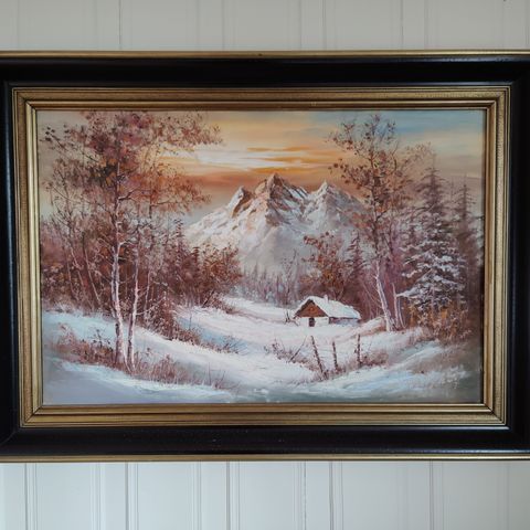 Maleri hytte i skogen str. 110 x 78 cm