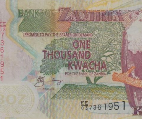 En strøken 1000 Kwacha seddel fra Sambia / Zambia i nærmest UNC - 1480