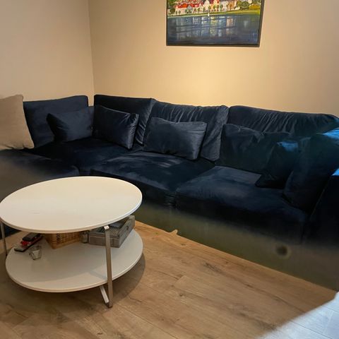 Sofa med sjeselong, blå velour, moduler