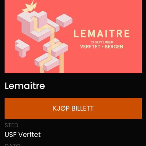 Selger 2 billetter til Lemaitre