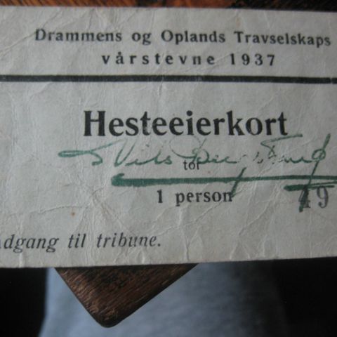 Hesteeierkort  Drammens og Oplans Travselskap 1937