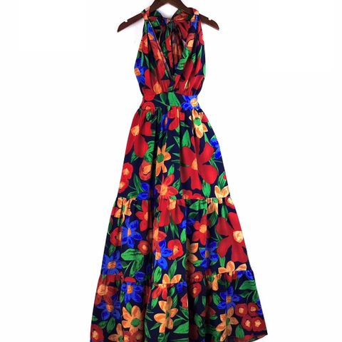 Colorful Floral Open-Back Tie-Neck Halter Midi-Dress