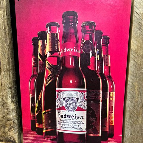 Budweiser Beer/Øl. Skilt I Tynnmetall 20 X 30 cm. Bar, Man Cave