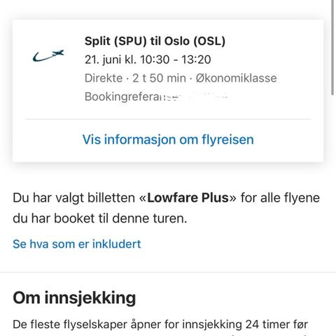 Flybillett Split - Oslo