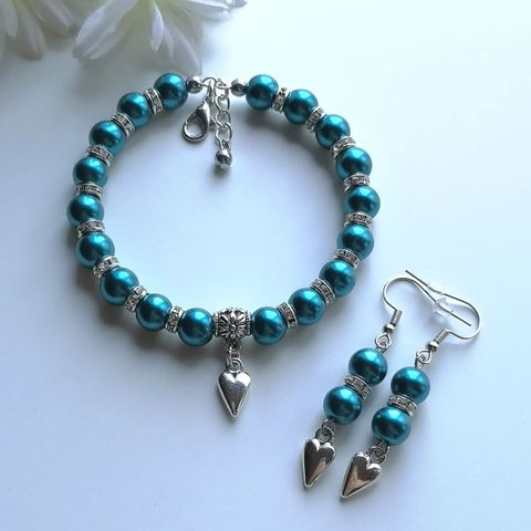 3 håndlagde smykkesett sjøblå lilla khaki armbånd ørepynt