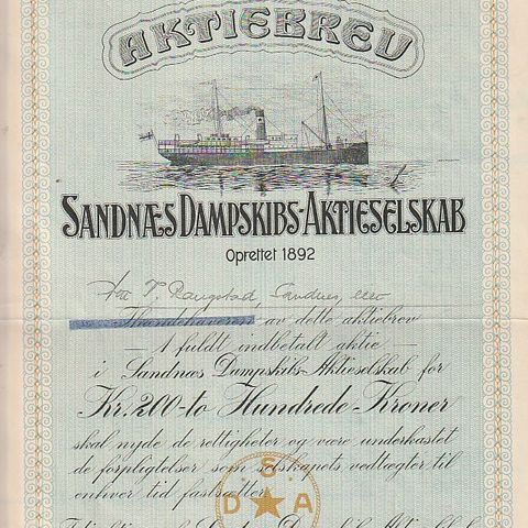 AKSJEBREV  SANDNÆS  DAMPSKIBSSELSKAB , SANDNÆS  1914