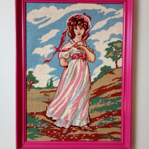 Stor Vintage håndbrodert bilde / broderi kunst med "glossy power pink" ramme