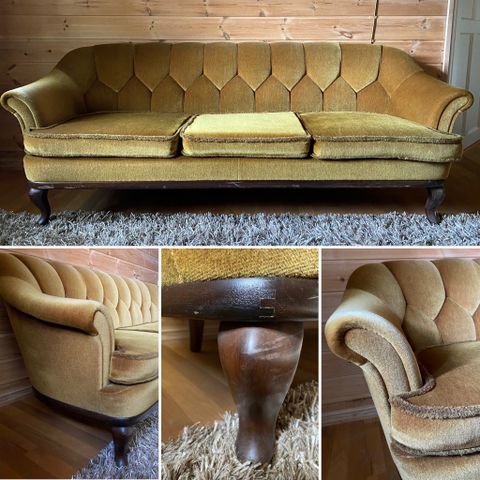 Vakker retro 3-seter sofa i velour fra Skarbøs Lenestolfabrikk