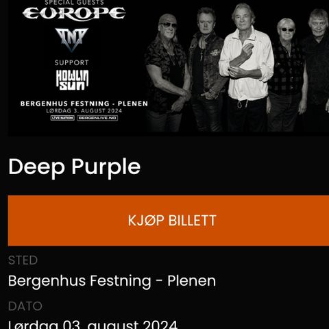 2 Billeter til Deep Purple 03.08.24 Koengen