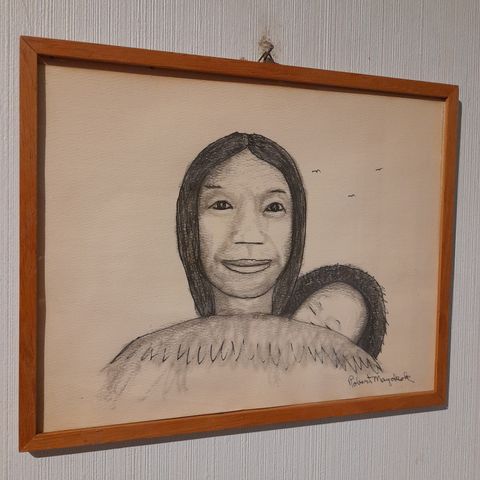 Robert Mayokok (Wales,Alaska,1903-1983),"Mor og barn", blekk/blekkvask på papir