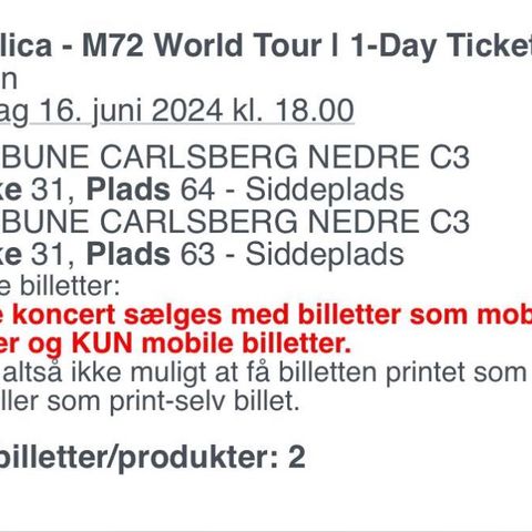 Metallica konsert billetter København 16.06.24