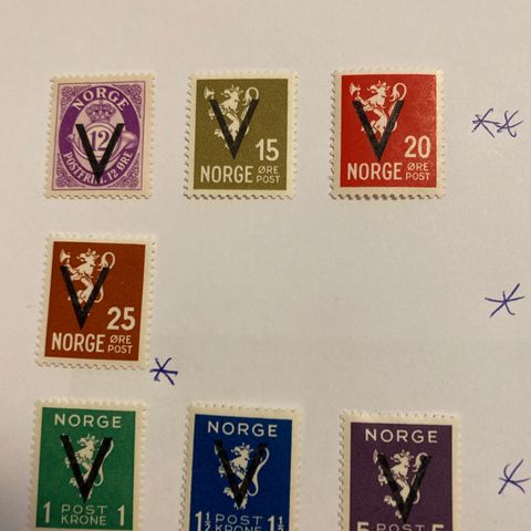 Norge  1941  V-merker  NK 280-283 289-290 292  Postfrisk (Antas uten Vannmerke)