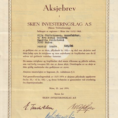 AKSJEBREV  SKIEN INVESTERINGSLAG A.S ( SKIENS  TELEFONFORENING)  1974