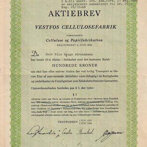 AKSJEBREV  VESTFOS CELLULOSEFABRIK - VESTFOSSEN  1958