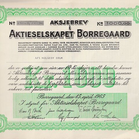 AKSJEBREV  BORREGAARD  -  DATERT  1965