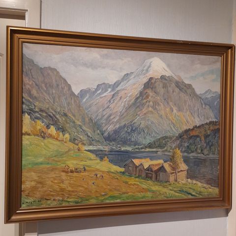 Stort, vakkert maleri av Arthur Meyer (1907-1984) med motiv fra Loen, 1964