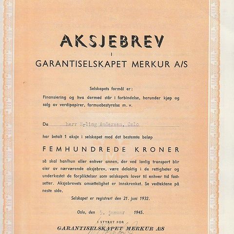AKSJEBREV- GARANTISELSKAPET MERKUR - OSLO 1945