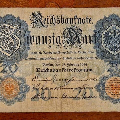 Tysk 20 Mark (1914) Reichsbanknote Seddel