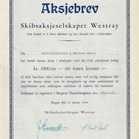 AKSJEBREV-  WESTRAY SKIBSAKSJESELSKAPET-  BERGEN  1948